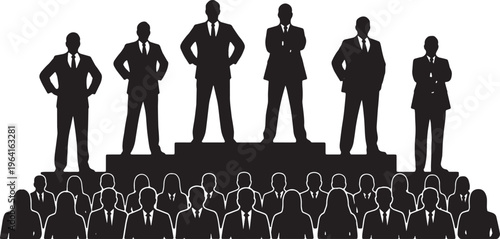Black Solid Confident CEO Standing Podium Silhouettes Set of Six on White Background
