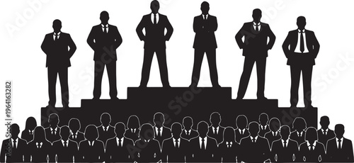 Black Solid Confident CEO Standing Podium Silhouettes Set of Six on White Background