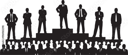 Black Solid Confident CEO Standing Podium Silhouettes Set of Six on White Background