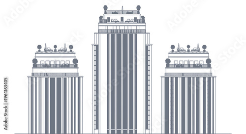 Three Tall Classical Buildings with Ornate Tops.