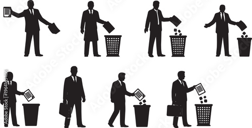 Black Solid Corporate Leader Tossing Document Silhouettes Set of Six on White Background