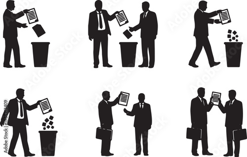 Black Solid Corporate Leader Tossing Document Silhouettes Set of Six on White Background