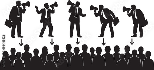 Black Solid Corporate Leader Megaphone Silhouettes Set of Six on White Background