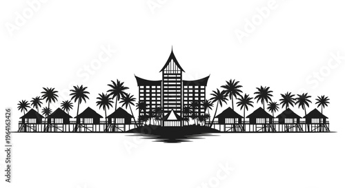 Tropical Resort Silhouette with Palm Trees and Bungalows.