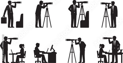 Black Solid Corporate President Telescope Silhouettes Set of Six on White Background