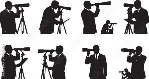 Black Solid Corporate President Telescope Silhouettes Set of Six on White Background