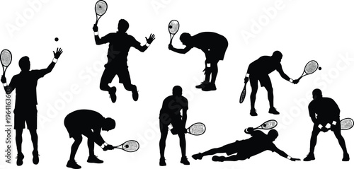 Silhouettes of professional tennis players in various action poses including serving smashing and diving representing athletic competition sportsmanship fitness training and championship matches