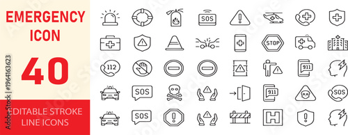 Emergency line icons set, 40 editable stroke line icons in line art style