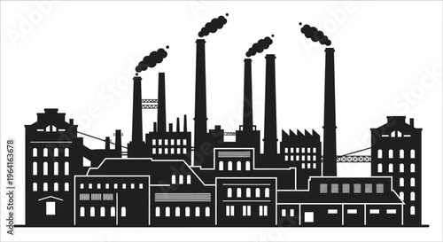 Industrial Factory Silhouette with Smokestacks and Buildings.