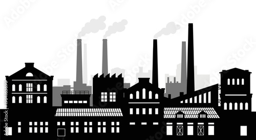 Industrial Factory Silhouette with Smoking Chimneys.