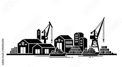 Industrial Port Scene with Cranes and Ships.