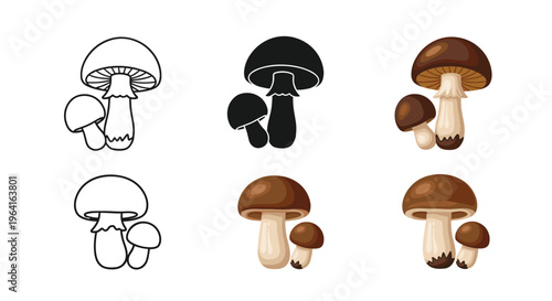Group of mushroom icons presented in multiple artistic styles such as line art, solid silhouette, and colored flat designs on a white background.