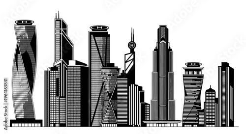 Modern City Skyline Silhouette of Tall Buildings.