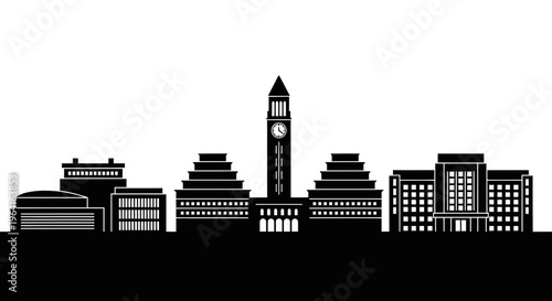 Modern City Skyline Silhouette with Clock Tower Landmark.