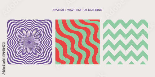 Three vibrant abstract wavy line backgrounds in purple green and red