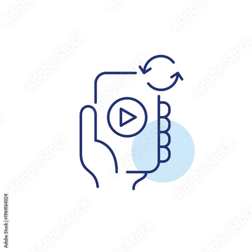 Play button on phone and renew arrows. Mobile game update, app refresh, digital play renewal. Pixel perfect, editable stroke vector icon