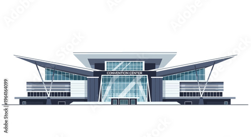Modern Convention Center Building Facade with Geometric Design.