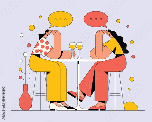 Two stylized people in yellow and red shirts holding hands in a dotted room