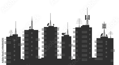 Silhouette of City Buildings with Antennas.