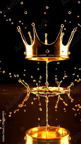 Luxurious Golden Crown Splash Diving Into Dark Liquid with Elegant Water Droplets and Reflective Light Abstract Motion Background Vertical Cinematic Shot for Social Media