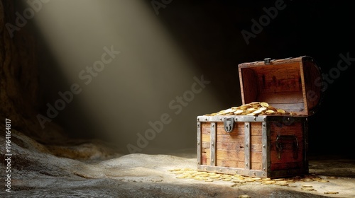 Retro wooden and steel treasure chest with glowing gold coins, illuminated by god rays, pirate treasure in cave setting, hidden riches and adventure theme for 3D and illustration