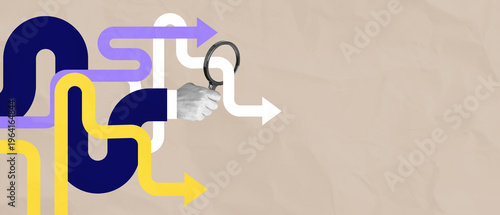 Obraz na plátně Hand holding magnifying glass examining colorful curved arrows on beige background in abstract creative direction concept illustration