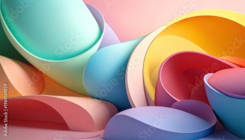 Abstract colorful paper art with vibrant rainbow curves and shapes, modern design.