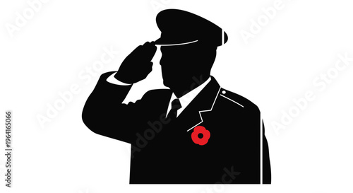 Soldier salute icon, military man silhouette, black uniform, poppy badge