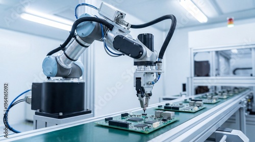 Robotic Arm Assembling Circuit Boards on Electronics Production Line