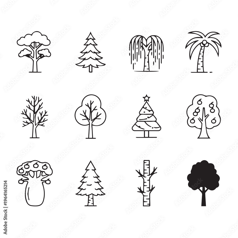 Fototapeta premium Various Tree Icons Collection Outline and Silhouette Styles Nature Elements Isolated on White