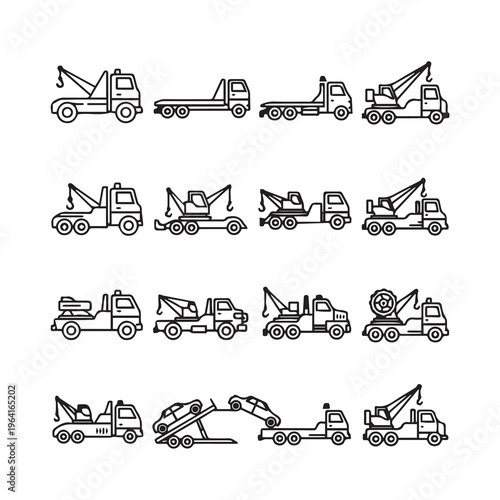 Various Tow Truck Icons Collection Flat Design Transportation Service Isolated Graphics