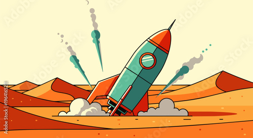 a retro-style rocket crash-landed in a sandy desert landscape depicting an unexpected landing or failed space mission concept.