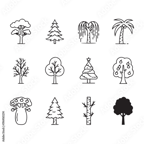 Various Tree Icons Collection Outline and Silhouette Styles Nature Elements Isolated on White