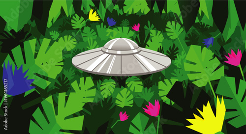 a silver ufo is hidden among lush green jungle foliage with colorful exotic flowers depicting a mysterious alien encounter.