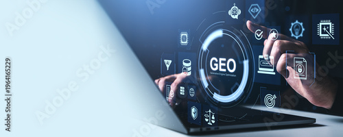 Photos Digital interface with GEO generative engine optimization icons and a hand interacting on a laptop screen for modern technology concept