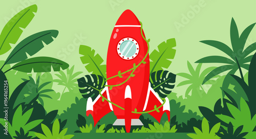 a vibrant red rocket overgrown with green jungle vines rests deep in a lush tropical forest symbolizing forgotten exploration and new adventures.
