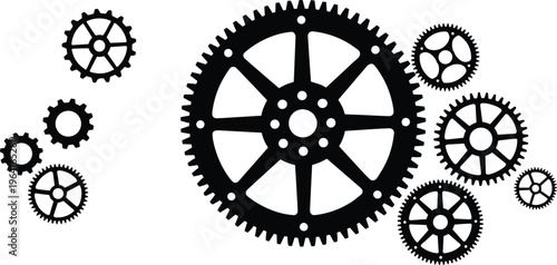 Set of black gear and cog silhouettes in different sizes for mechanical engineering technology and industry vector illustration on white