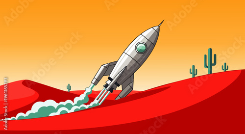 cartoon rocket launching from a red desert landscape with saguaro cacti under an orange sky symbolizing exploration.