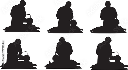 Black Solid Commercial Meat Cutter Bone Saw Role Silhouettes Set of Six on White Background