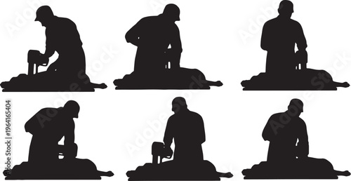 Black Solid Commercial Meat Cutter Bone Saw Role Silhouettes Set of Six on White Background