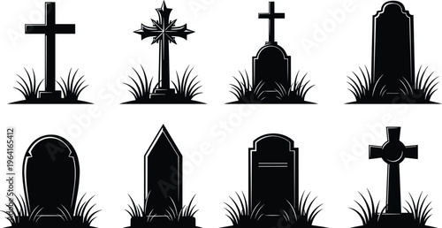 Set of black silhouette tombstones and grave markers with crosses and grass isolated on white background vector illustration design art