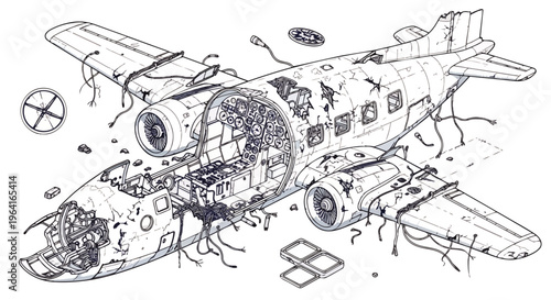 wrecked airplane and crashed aircraft technical illustration of a damaged plane exposing internal parts and detailed cockpit ideal for aviation accident analysis.