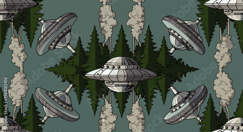 ufo flying saucers and alien spaceships hovering over pine trees in a mysterious forest pattern background