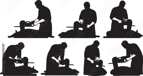 Black Solid Commercial Meat Cutter Bone Saw Role Silhouettes Set of Six on White Background