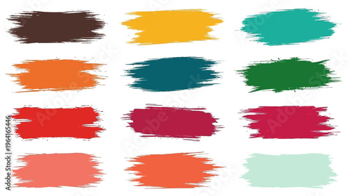 colorful rectangular paint strokes and brush stroke swatches forming a diverse color palette on a white background for creative design