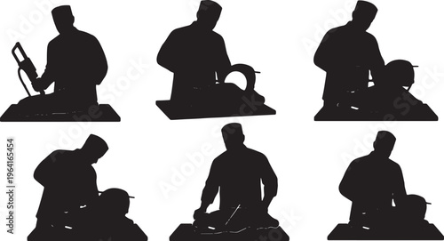 Black Solid Commercial Meat Cutter Bone Saw Role Silhouettes Set of Six on White Background