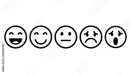 five emotion faces illustrating a feedback scale from happiness to sadness perfect for ux design and customer satisfaction surveys.
