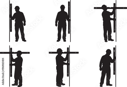 Black Solid Construction Foreman Spirit Level Role Silhouettes Set of Six on White Background