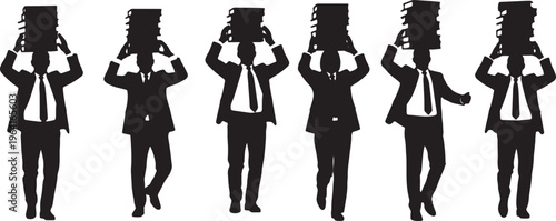 Black Solid Corporate Executives Balancing Books Silhouettes Set of Six on White Background