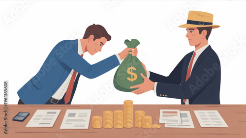 Businessmen exchanging money bag across desk with financial documents and gold coins symbolizing financial transaction or bribery